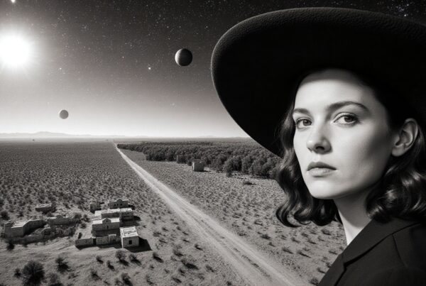 Woman in hat with futuristic desert landscape and planets.