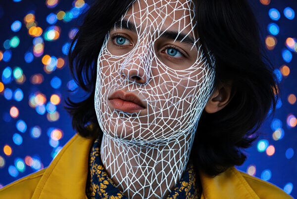 Person with geometric face design and colorful bokeh lights.