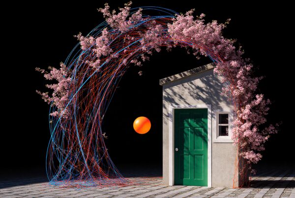 A whimsical scene featuring a green door, pink blossoms, colorful lines, and an orange sphere against a black background.