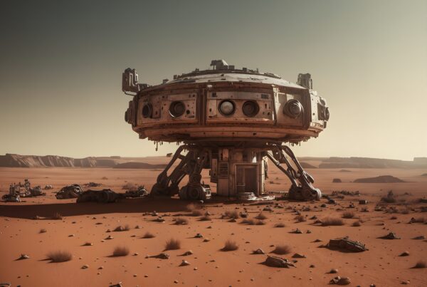 Futuristic structure on a Martian landscape with mechanical legs and desert terrain.