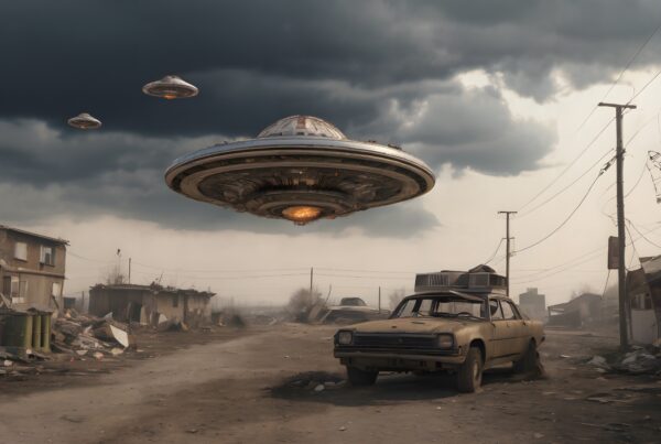 Image of three UFOs hovering over a deserted town with an abandoned car, emphasizing a dystopian atmosphere.