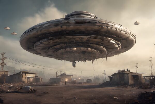 Massive UFO hovers over a desolate, post-apocalyptic landscape with a lone observer.