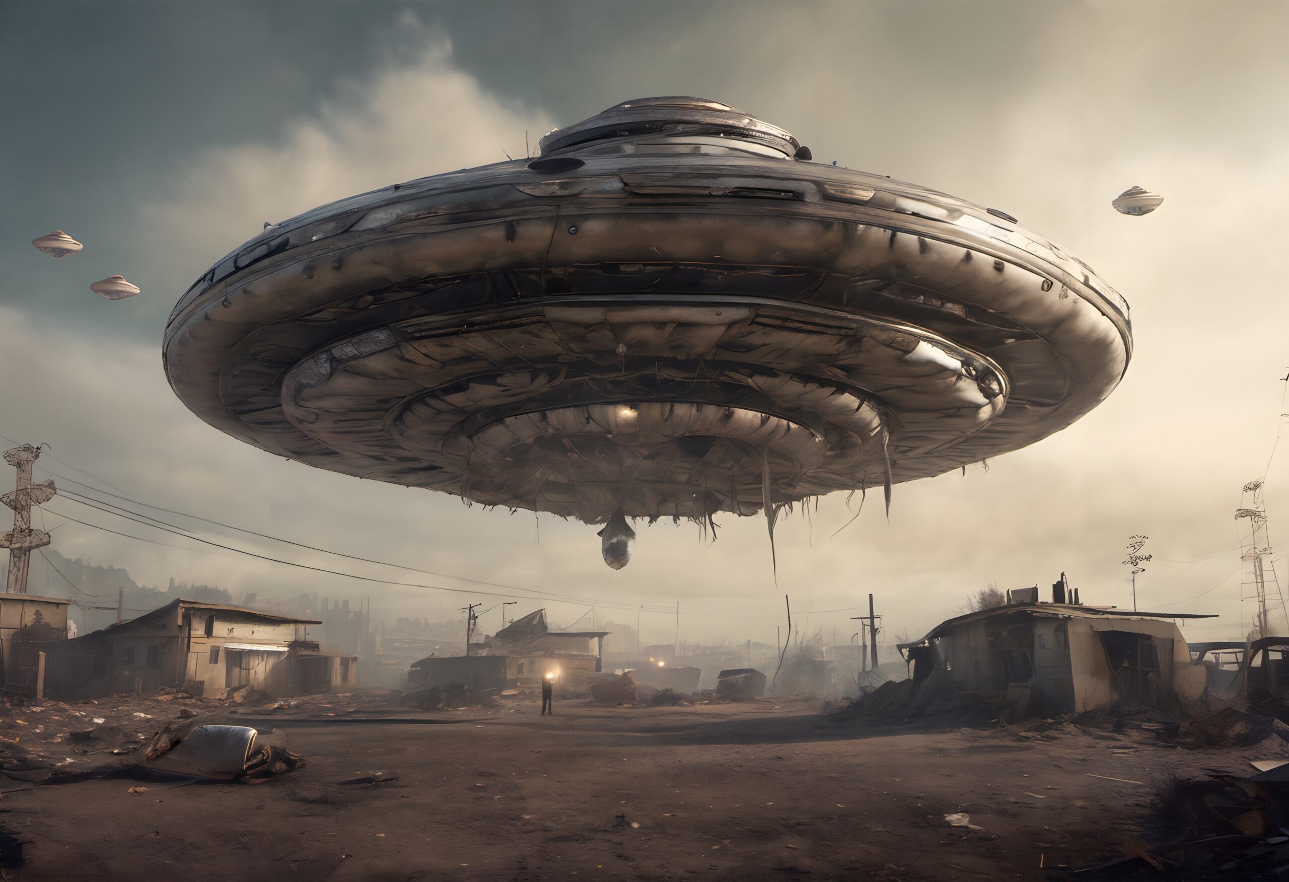 UFO hovering over abandoned town