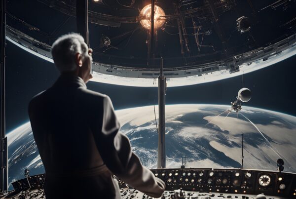 Man inside futuristic space station orbiting Earth, surrounded by advanced technology and satellites.