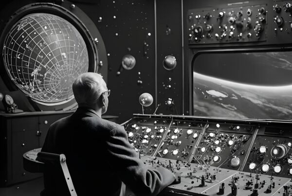 A man in a futuristic command center views a planet's surface, surrounded by technology and celestial maps.