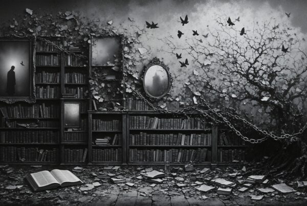 A surreal, black and white library scene with cracked walls, bookshelves, and flying birds.