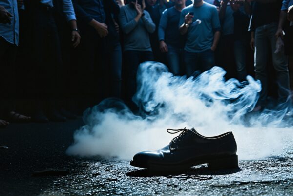 A lone black shoe surrounded by mysterious smoke captivates a crowd under dramatic lighting.