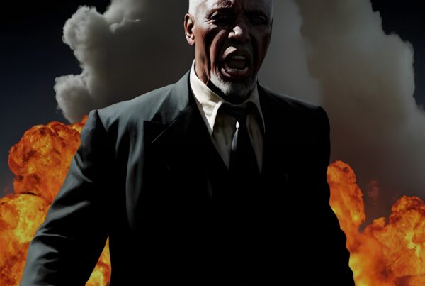 A man in a dark suit stands dramatically with flames and smoke behind him, embodying urgency and intensity in a chaotic scene.