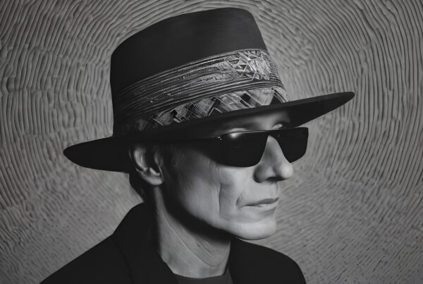 A mysterious person wearing a patterned wide-brimmed hat and sunglasses against a textured background.
