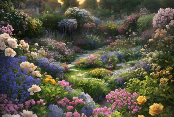 Lush garden in full bloom with vibrant flowers, trees, and cottages at sunset creating a serene landscape.