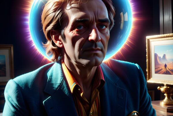A distinguished man with a halo-like glow sits in a dramatic, dark-toned setting adorned with paintings.