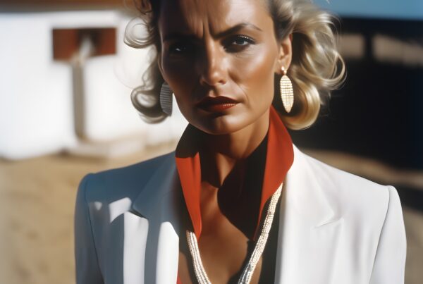 Woman in stylish white blazer, blonde curly hair, bold expression, glamorous jewelry, outdoor sunlight.