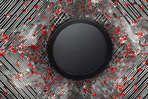 Abstract design with black circle, surrounded by white lines and red accents.