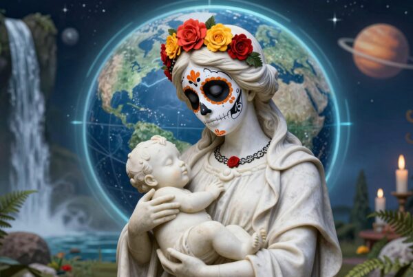A marble statue painted in Day of the Dead style with Earth and celestial elements in the background.