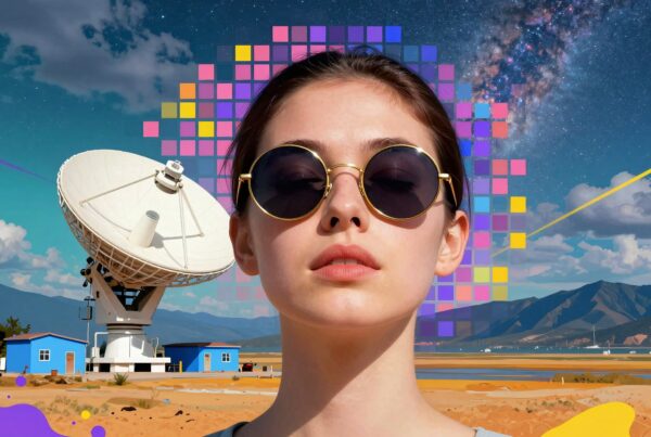 A young woman with sunglasses stands before a satellite dish and colorful digital elements under a starry sky, showcasing the fusion of humanity and technology.