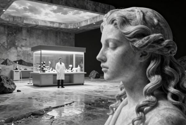 A marble statue in a futuristic laboratory juxtaposes classical art with modern science, featuring a man observing in the background.