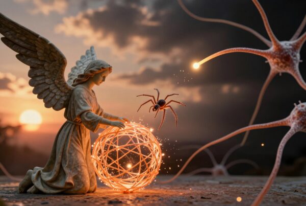 A serene angel kneels by a glowing orb, illuminated by a dramatic sunset with a spider mid-leap.