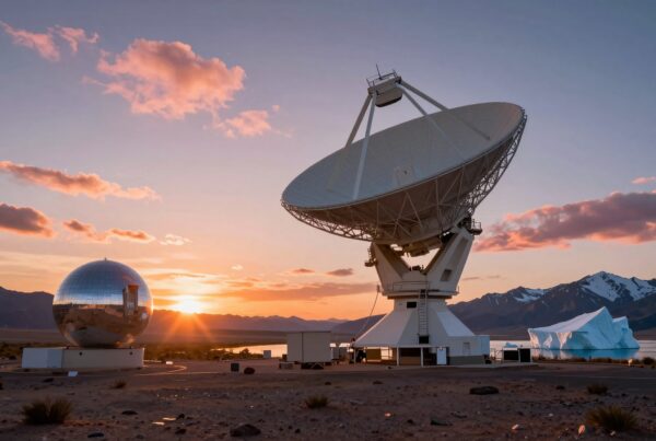 Satellite dish with sunset backdrop.