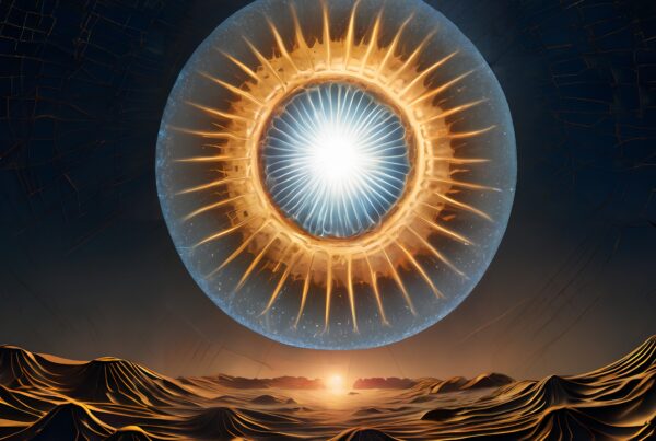 A luminous orb hovers above a desert landscape, casting an ethereal glow.