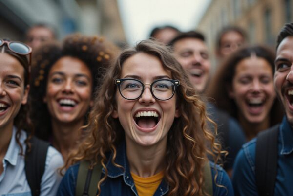 A group of cheerful friends laughing together in an urban outdoor setting, showcasing camaraderie and joy.