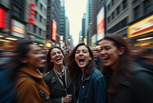 Four women laughing in busy city street with blurred lights and buildings.