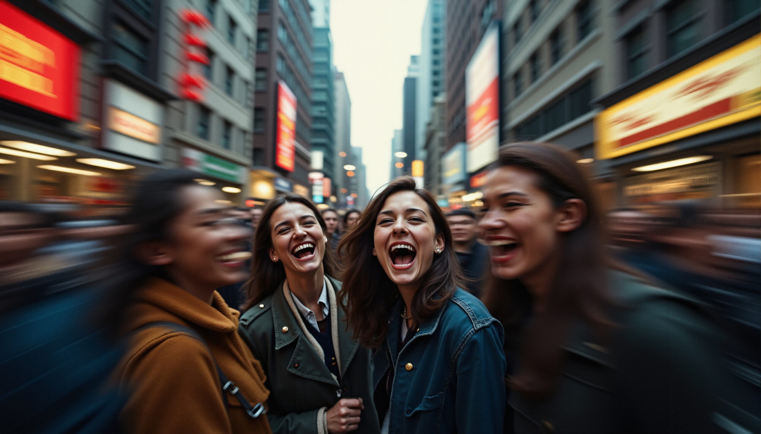 Joyful Friends in Busy City