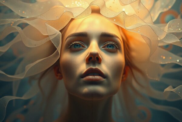 Dreamlike portrait of a woman surrounded by delicate, translucent fabric with warm illumination.