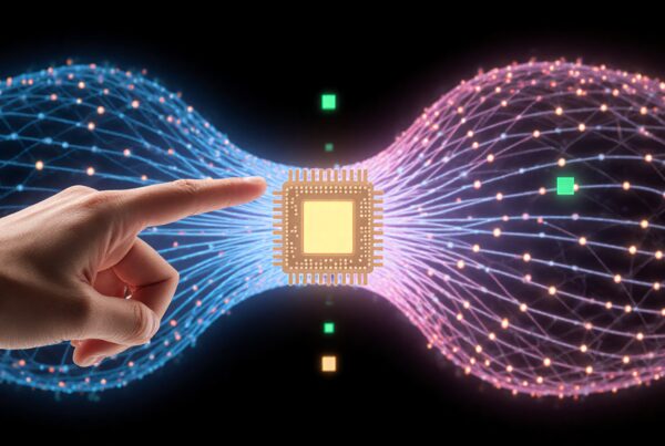A hand reaching towards a glowing microchip amidst flowing digital data streams.