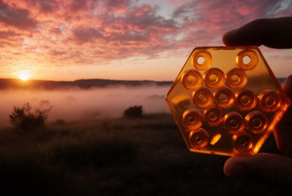 A hexagonal object held up against a vivid sunrise over a misty landscape.