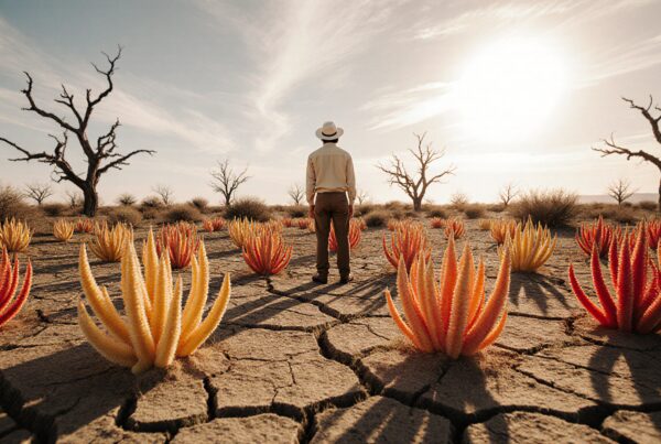 A lone figure stands amid vibrant desert plants on cracked earth under a harsh sun.