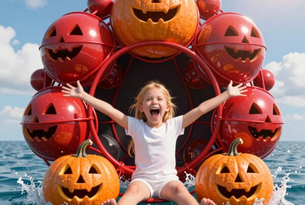 Young girl smiling among floating Halloween Jack-o'-lanterns in the ocean under a sunny sky.