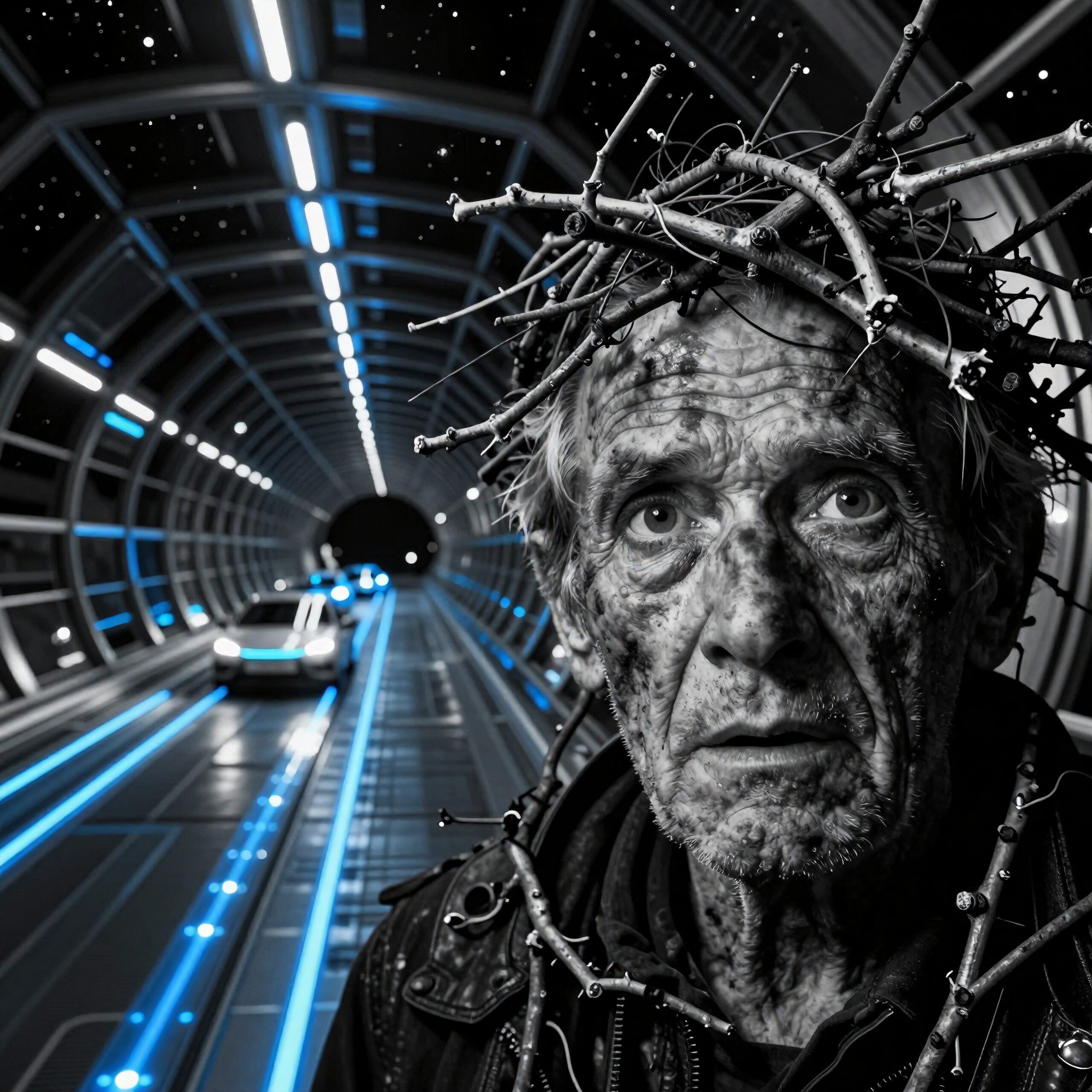 Man in futuristic illuminated tunnel