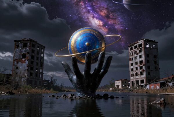 Surreal cosmic hand holding sphere in post-apocalyptic landscape with galaxy.