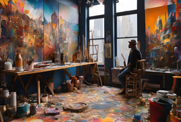 Vibrant artist's studio with abstract cityscape paintings.
