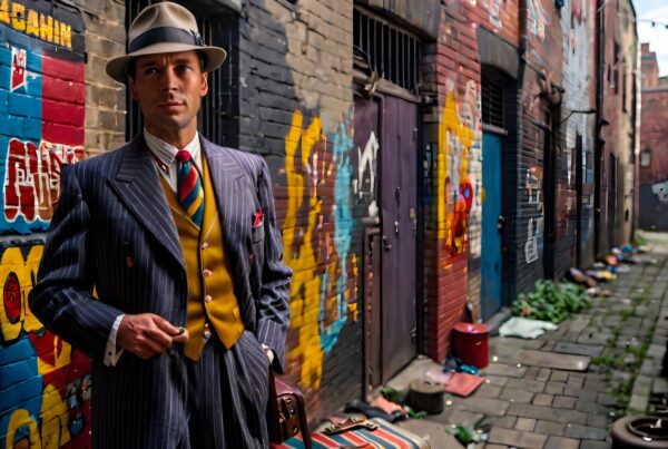 A stylish man in a pinstripe suit stands in a vibrant graffiti-covered alleyway.