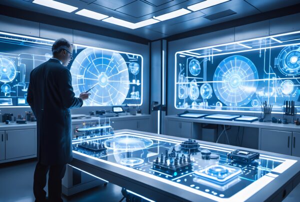A scientist in a futuristic lab interacts with digital displays amidst holographic technology.