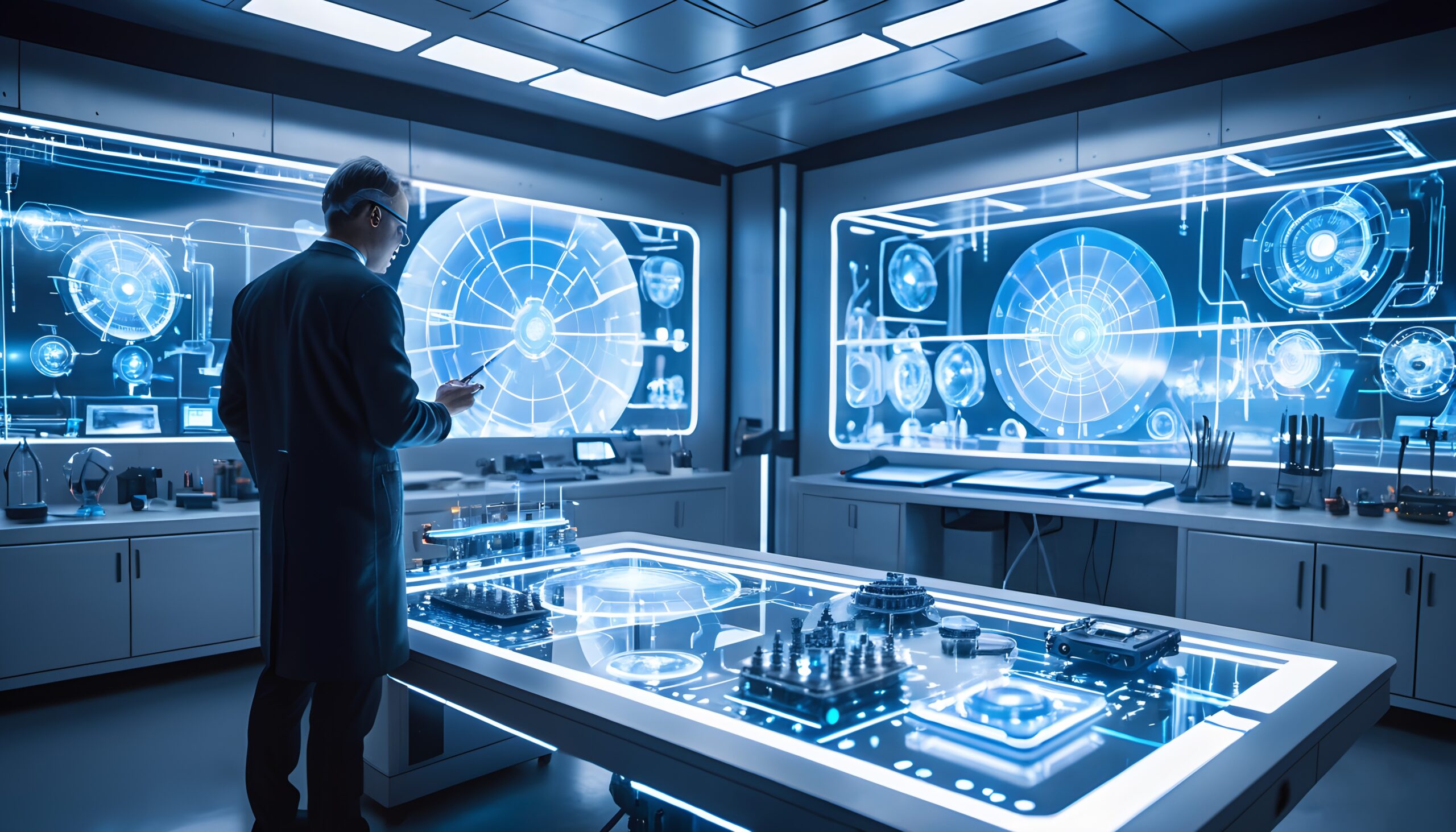 Futuristic Scientist Analyzing Data