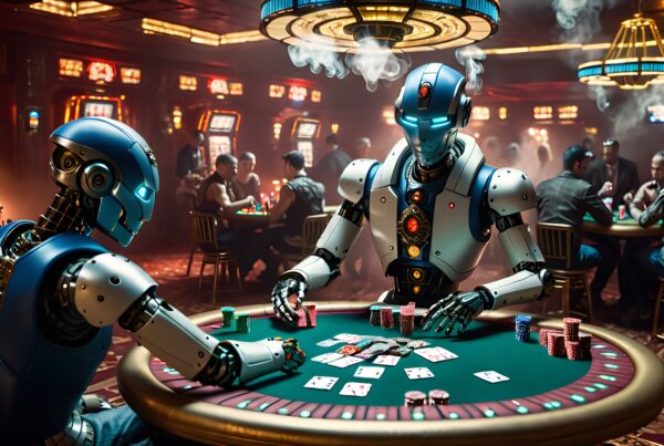 Futuristic robots play poker in a smoky casino setting.