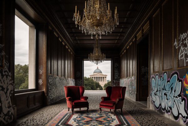 Chandeliers, red chairs, graffiti, domed building, contrasting styles.