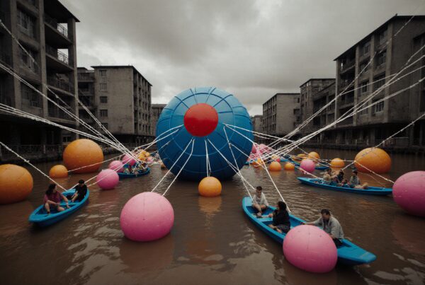Colorful art installation with large blue sphere, smaller pink and orange spheres, strings, boats, and gray buildings.