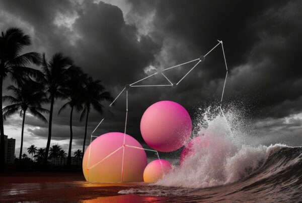 A stormy beach with silhouetted palms, neon pink spheres, and crashing waves.