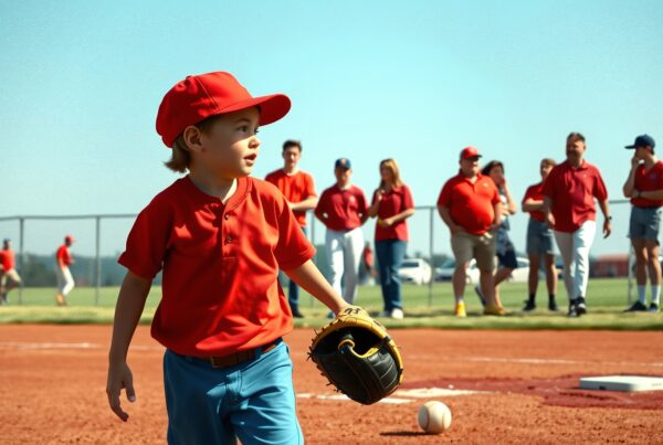 Child at baseball game holding glove, surrounded by people.