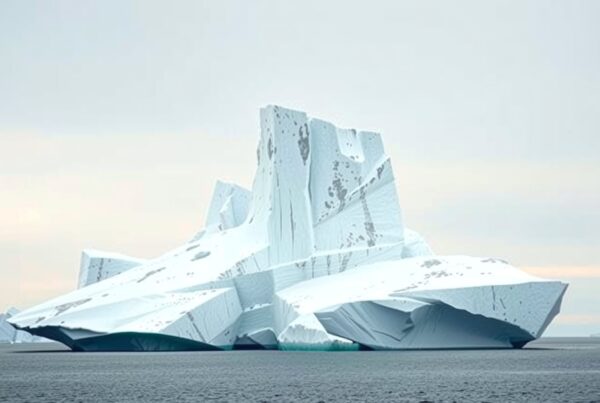A majestic iceberg with textured surfaces against a calm ocean and overcast sky.