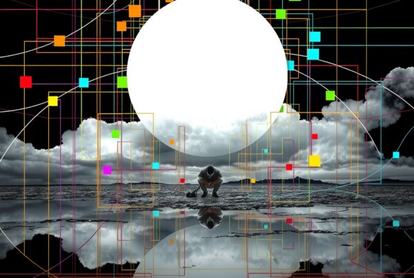 A person kneels under a large white sphere, surrounded by colorful geometric lines and dramatic clouds, reflecting on a mirrored surface.