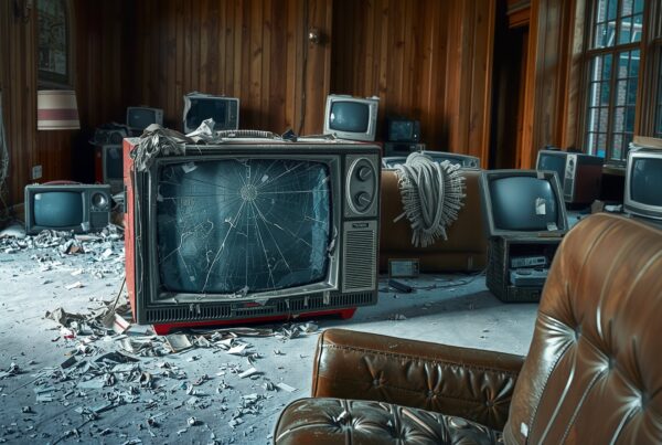 Abandoned room with vintage televisions and debris.