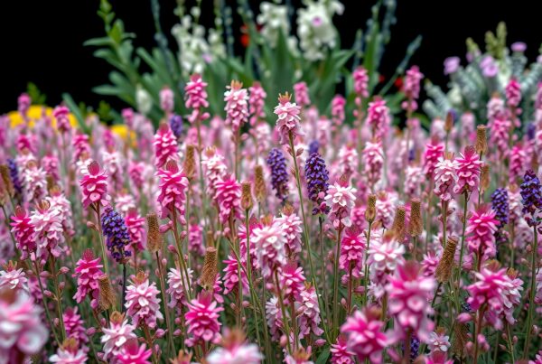 Vibrant pink and purple wildflowers in a lush garden setting.