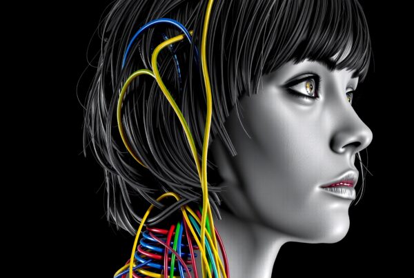 A futuristic humanoid with colorful cables integrated into sleek black hair, set against a deep black background.