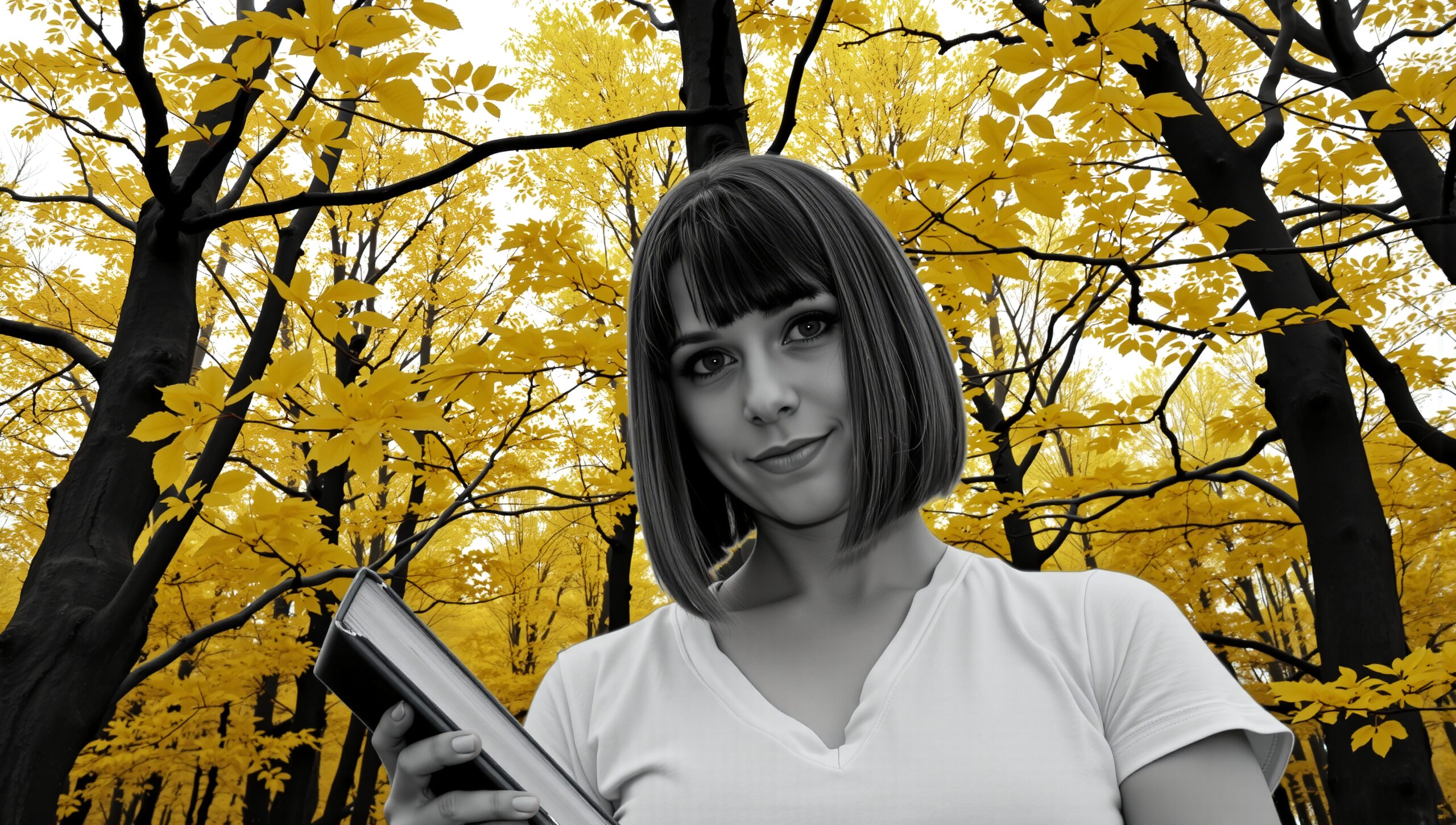 Monochrome woman vibrant autumn forest
