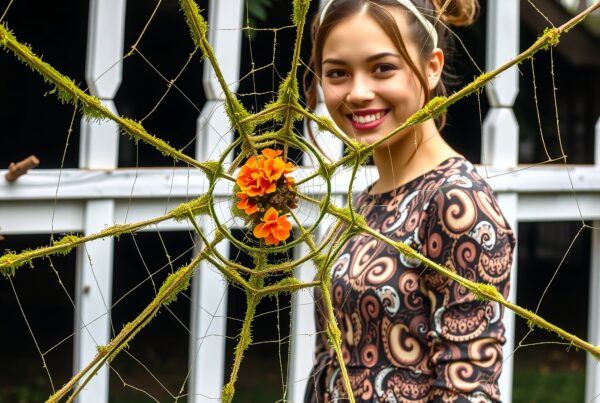 A young woman stands by a creatively decorated spiderweb with orange flowers.