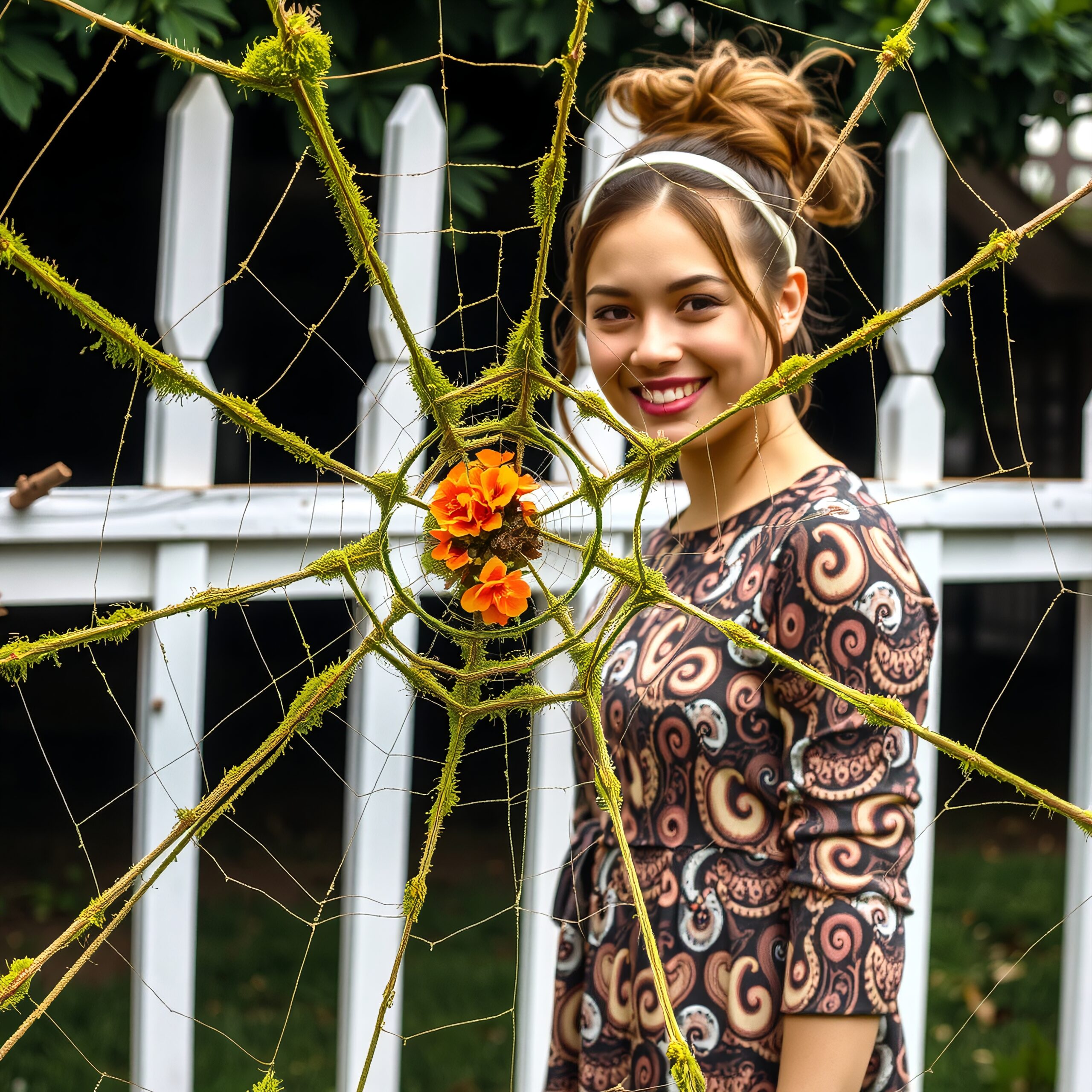 Spiderweb with vibrant floral centerpiece